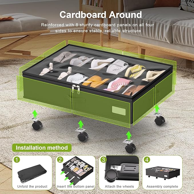 Under Bed Shoe Storage with Wheels, Fits 24 Pairs, Black