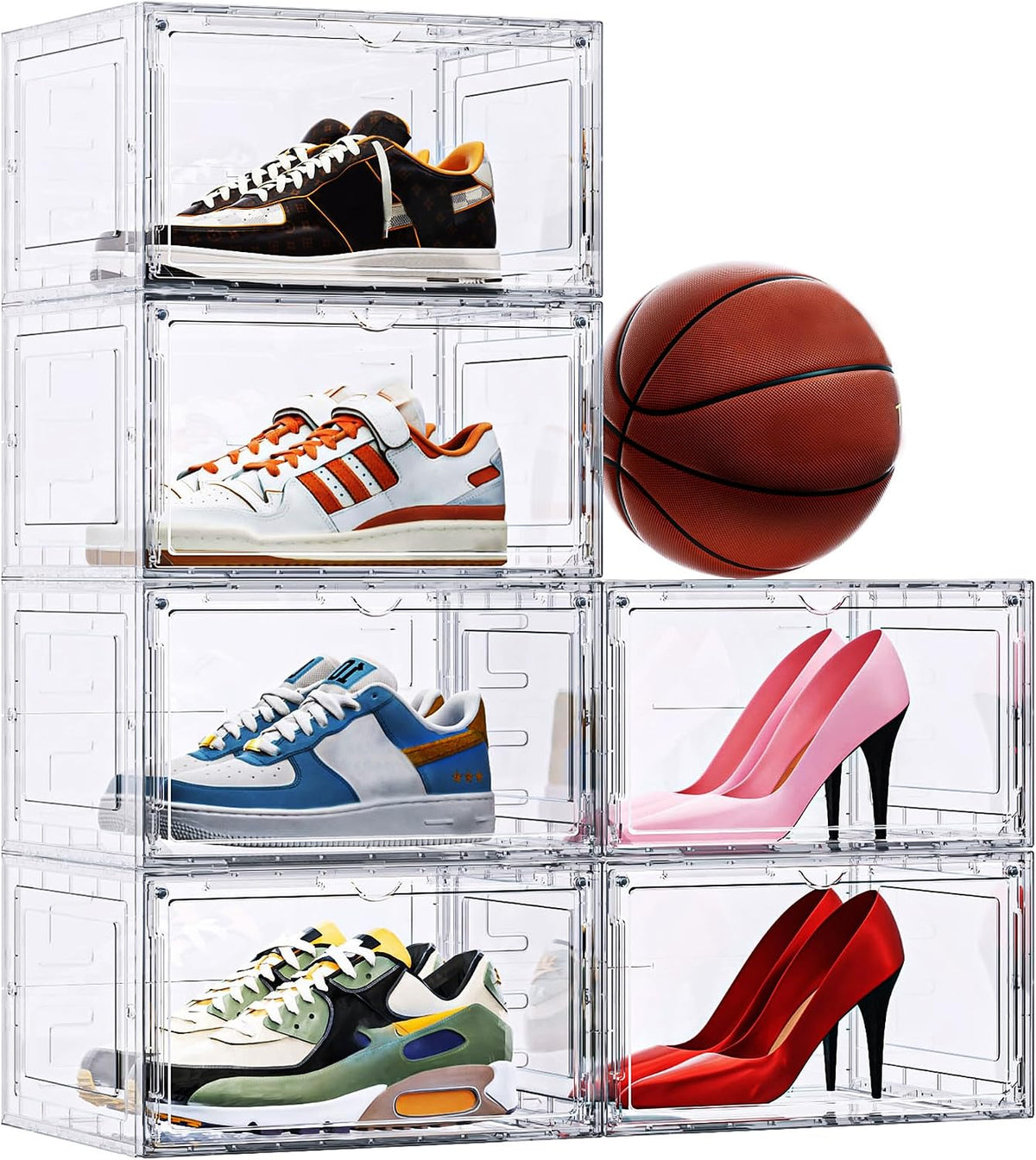 6 Pack Hard Plastic Clear Shoe Storage Organizer Boxes, White