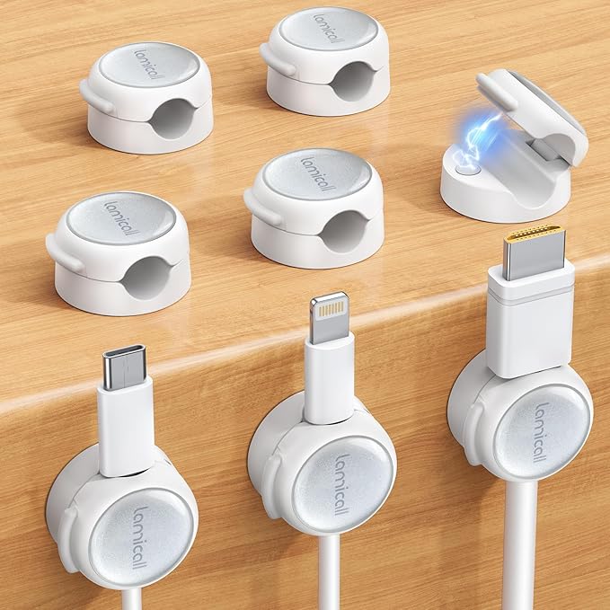 Lamicall 8 Pack Magnetic Cable Clips Cord Organizer - [Crystal-Clear & Silver Shine] Aesthetic Strong Adhesive Phone Charger Cable Management Clips for Nightstand, Home Office Desk Desktop Accessories