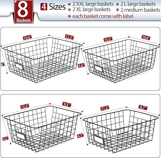 8 Set, Extra Large Wire Baskets for Organizing with Lables