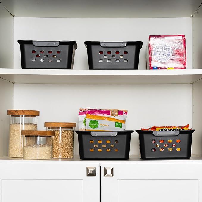 IRIS USA Plastic Storage Baskets, 12-Pack, Made in USA, Shelf Baskets Small Baskets Organizing Bins For Pantry Countertops Closet Shelves Office, Muti-Purpose, Nestable, Easy Carry, Black