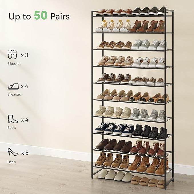 Nunsino Shoe Rack for Closet, Metal Shoe Organizer, 10 Tier Garage Shoe Rack Max Holds 50 Pairs,Shoe Storage Shelf,Entryway, Black