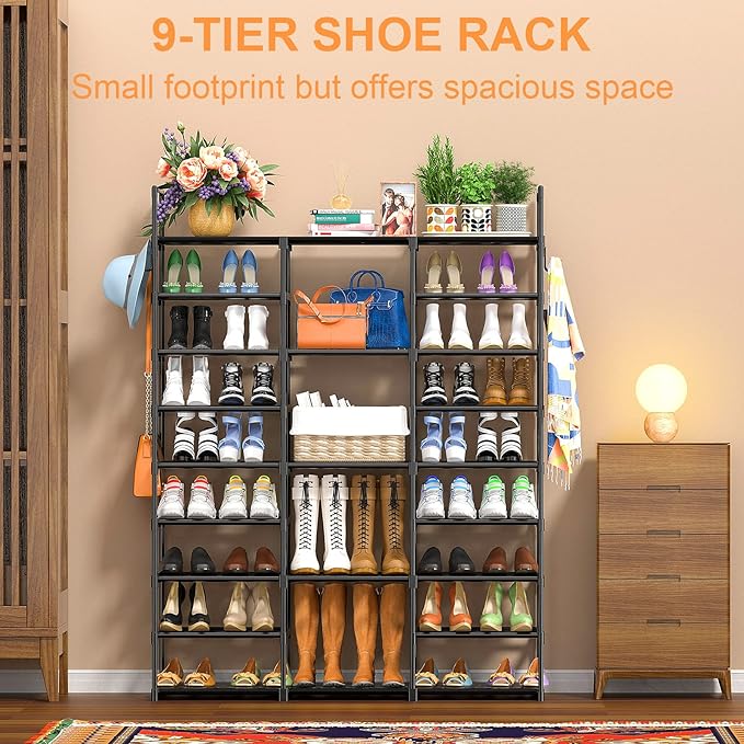 Kottwca 9-Tier Metal Shoe Rack Organizer for 50-55 Pairs - Space Saving Shoe Storage Shelf for Entryway, Closet, Bedroom, Hallway