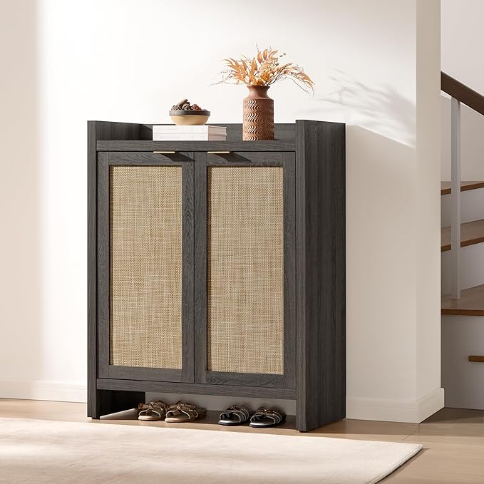 SICOTAS 41" Tall Shoe Cabinet, 24 Pair Shoe Storage Cabinet with Doors and 6-Tier Shelves, Rattan Shoe Cabinet Storage for Entryway, Farmhouse Boho Wooden Cabinet for Hallway, Black Oak