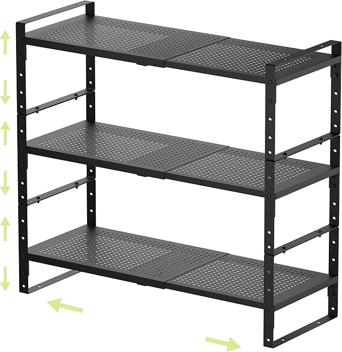Expandable Shoe Rack Heavy-Duty Closet Organizer Adjustable Shelf Stackable Metal Framework for Entryway, Garage,RV,Pantry,Cabinet(Medium,3 Packs/Black)
