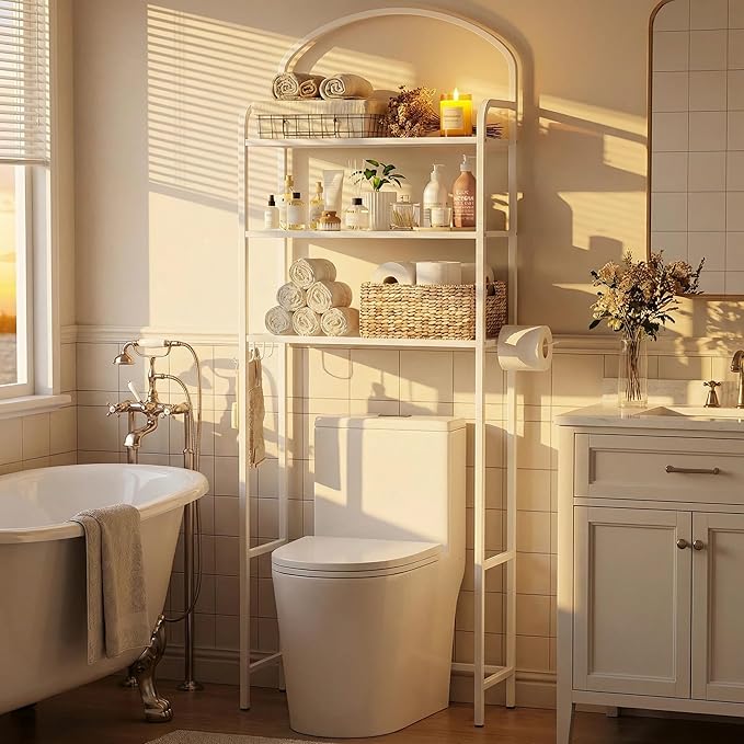 Over The Toilet Storage Rack - 3 Tier Bathroom Organizer with 4 Hooks & Paper Holder - Space Saving Metal Shelf for Bathroom - White Toilet Storage