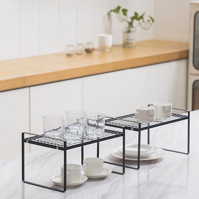 Shantton 2Pack Kitchen Cabinet Shelf Counter Organizer Rack Pantry Storage Bathroom Bedroom Office Table Desk Space Saving Stackable Rust Resistant Non Slip Black Wide L13.1in W10.6in H7.3in
