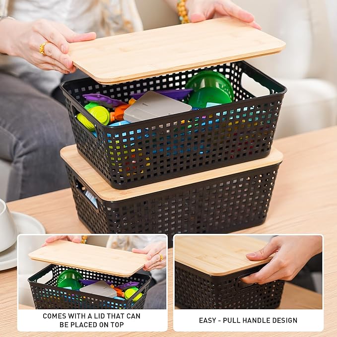 Storage Bins with Lids 8 Packs, Plastic Storage Bins with Bamboo Lids for Pantry Organization and Storage Containers for Shelves Drawers Desktop Closet Playroom Classroom Office Home, Black