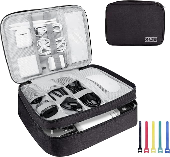 Lcsmaokin Electronics Travel Organizer,Large Double Layer Portable Waterproof Travel Organizer Bag for Charging Cable Storage,Ipad,Power Bank,Hard Drive etc,for Travel,Business,5pcs Cable Ties-Black