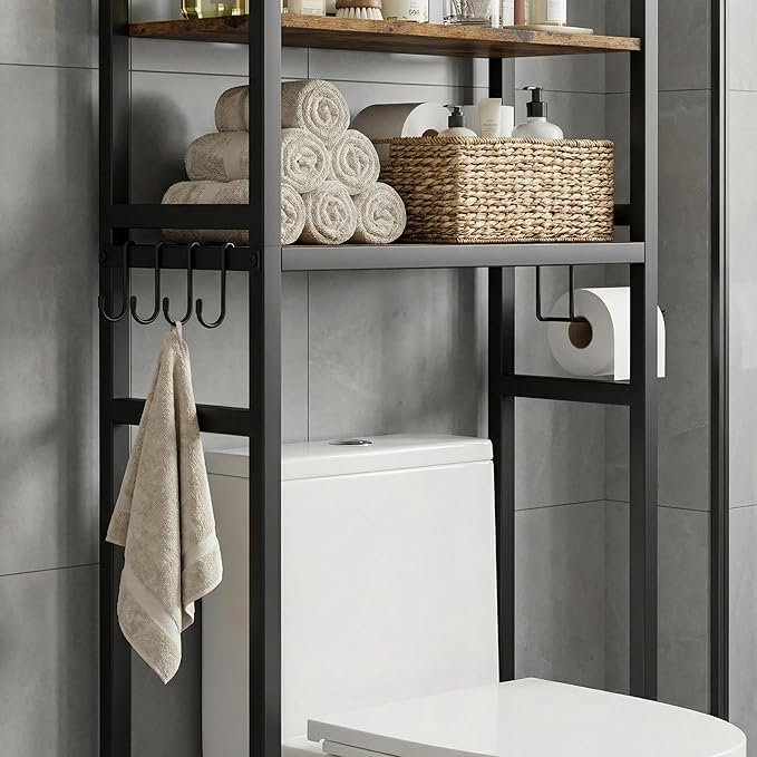 76" H Over the Toilet Storage Rack, 4-Tier Bathroom Organizer with Toilet Paper Holder & Hooks, Metal Frame with Wooden Shelves, Space Saver for Small Bathroom, Rustic Brown and Black