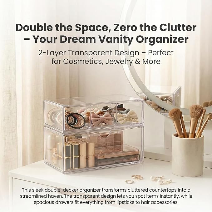 2-Layer Clear Acrylic Vanity Organizer with Adjustable Dividers, Stackable 3-Compartment Storage Box for Makeup, Hair Accessories, Skincare, Bathroom, Desk - 8.07" x 3.94" x 2.76"