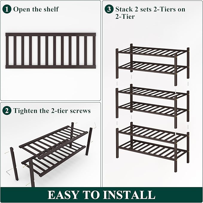 Smiry Bamboo Shoe Rack, 6 Tier Free Standing Wooden Shoe Organizer, Stackable Wood Shoe Storage Shelf for Closet, Entryway, 14 Vertical Slats, 2+2+2 Stack Heavy-Duty Legs, 26.8"x11"x39", Brown