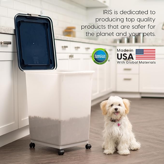 USA Dog Food Storage Container, Up to 54 Pounds, Attachable Wheels, Navy/Pearl