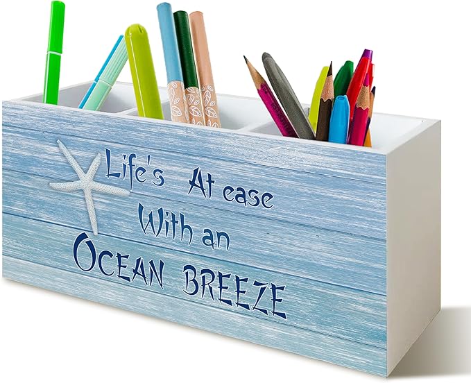 Coastal Beach Pen Pencil Holder for School Home Office Desk, Beach Decor Wooden Pencil Holder Sign Organizer for Home Office Desk Accessories, Coastal Gifts for Women Men