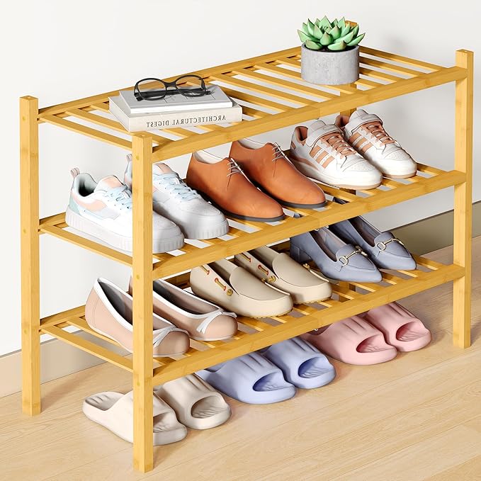Smiry Bamboo Shoe Rack for Closet, 3 Tier Wooden Shoe Organizer, Stackable Wood Shoe Storage Shelf for Entryway, 14 Vertical Slats, One-piece Heavy-Duty Legs, 26.77"x11.02"x18.31", Natural