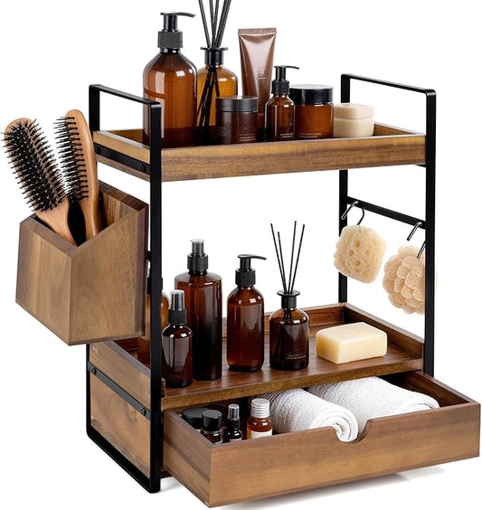 2-Tier Bathroom Counter Organizer with Drawer and Basket, Acacia Wood-Dark Brown