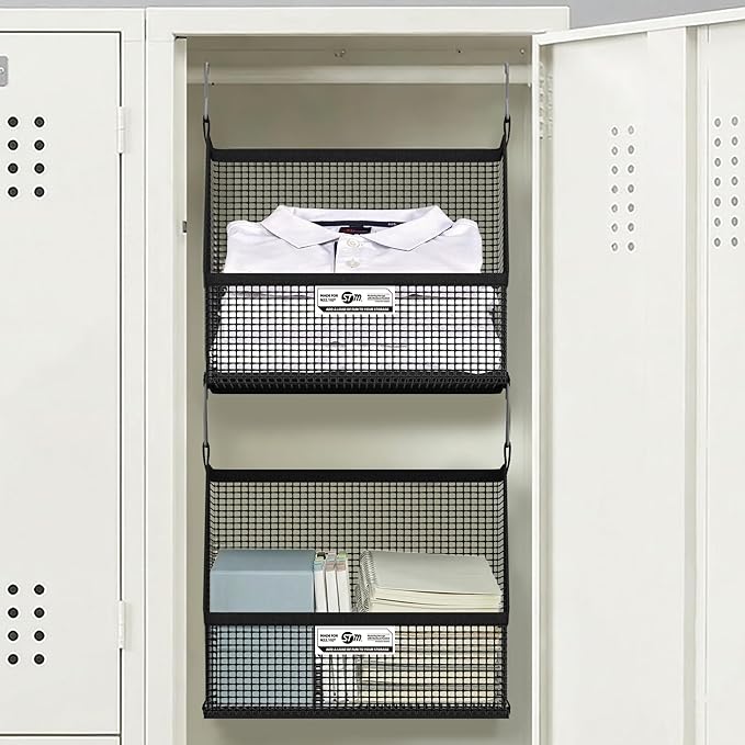 STORAGE MANIAC 4 Tier Hanging Closet Organizer with Mesh Baskets, Clothes Hanging Shelves, Foldable Stackable Storage, Space-Saving Collapsible Basket with Hooks for RV, Dorm, Bedroom, College, Black