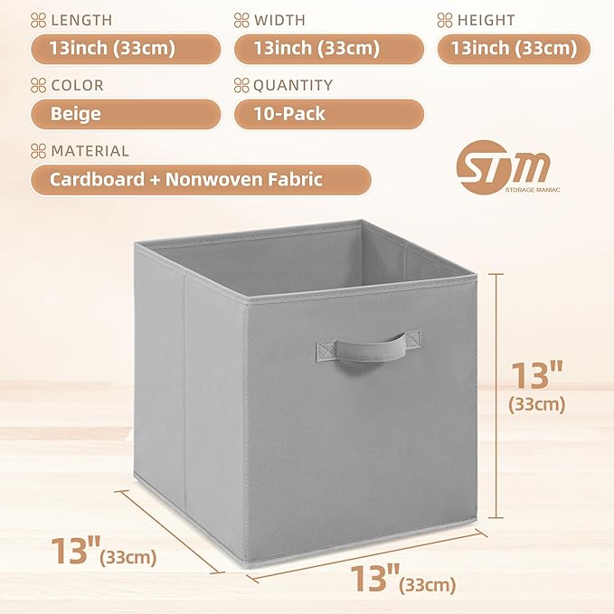 STORAGE MANIAC Storage Cubes, 13 Inch Collapsible Storage Bins with Handles, 10 Pack Fabric Foldable Bins for Organization, Durable Storage Bins for Closet, Shelves, Offices, Toys, 10-Pack Grey