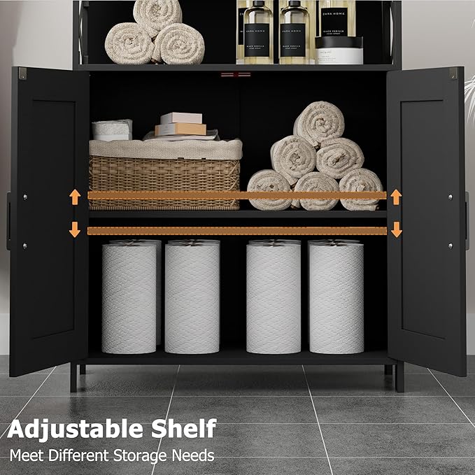 Homhedy Farmhouse Bathroom Storage Cabinet with 2 Doors, Toilet Paper Cabinet with Adjustable Shelf, Small Bathroom Cabinet for Kitchen/Laundry/Living Room, 11.8 x 23.6 x 31.5 Inches, Black