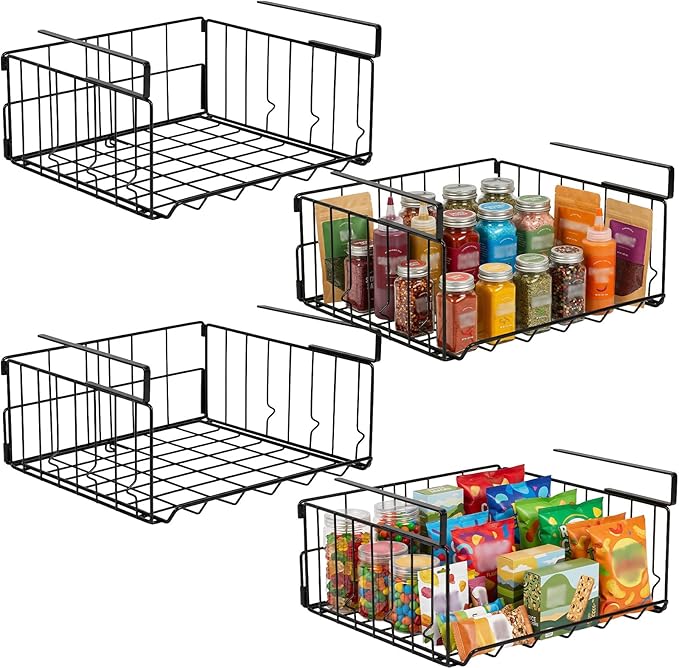 Under Shelf Basket Storage, Steel Under Shelf Hanging Wire Baskets Shelves for Laundry Room Kitchen Desk Pantry Bookshelf (Black, 4 Pack)