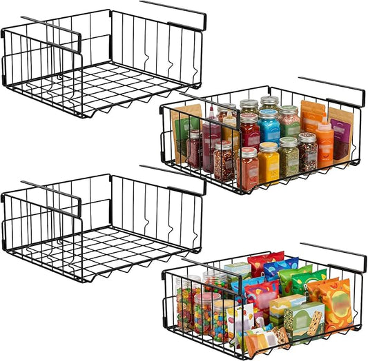 Under Shelf Basket Storage, Steel Under Shelf Hanging Wire Baskets Shelves for Laundry Room Kitchen Desk Pantry Bookshelf (Black, 4 Pack)