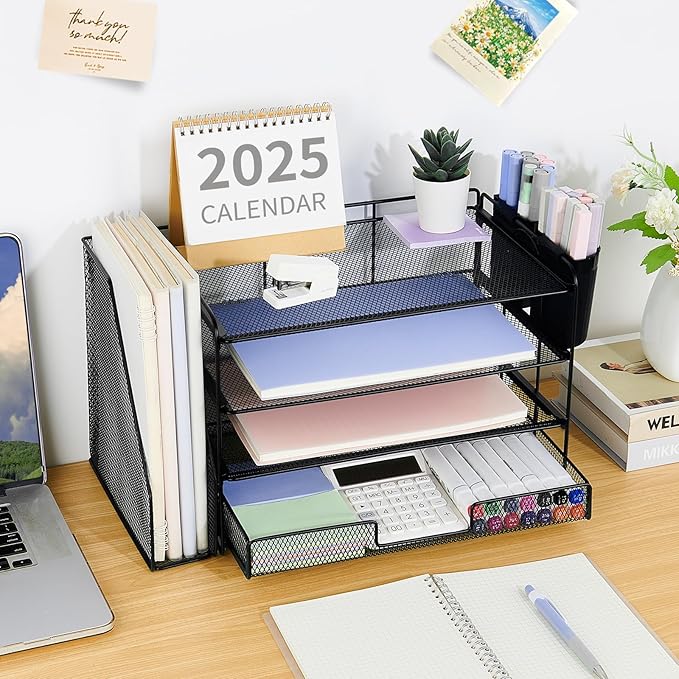 OPNICE Desk Organizer, 4-Tier Desktop File Organizer with Drawer and 2 Pen Holders, Office Desk Accessories, File Sorters, Workspace Organizers for Office Supplies(Black)