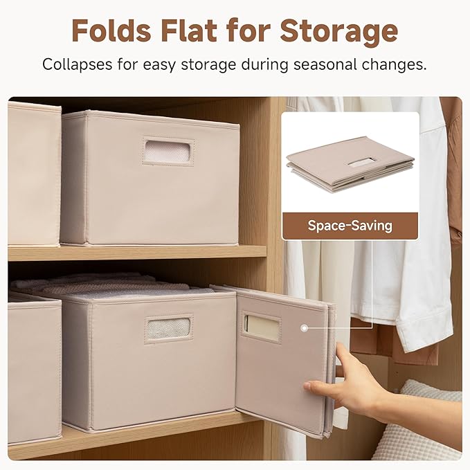 StorageWorks Fabric Storage Bins for Shelves, Closet Organizers and Storage Baskets, Collapsible Storage Bins with Cutout Handles, Large, 4-Pack, Light Brown
