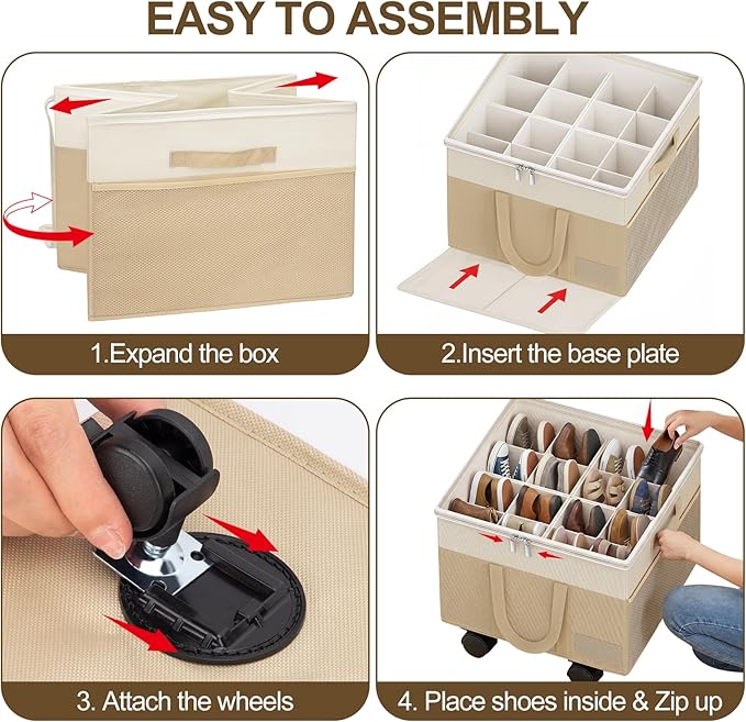 2 Pack Large Shoe Organizer for Closet, Adjustable Dividers Shoe Storage Box Bins with Wheels Clear Cover Reinforced Handle Side Pocket Fits up to 32 Pairs, Foldable Shoe Organizer for Entryway Beige