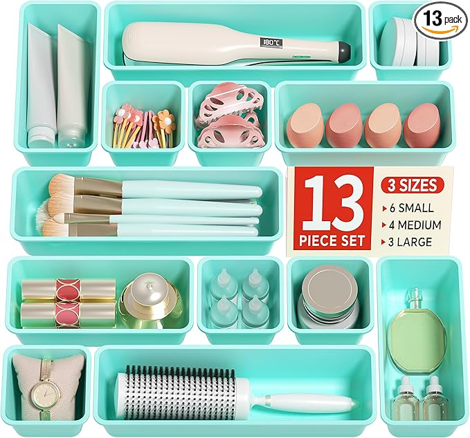 13 Pack Plastic Drawer Organizers Set, Blue