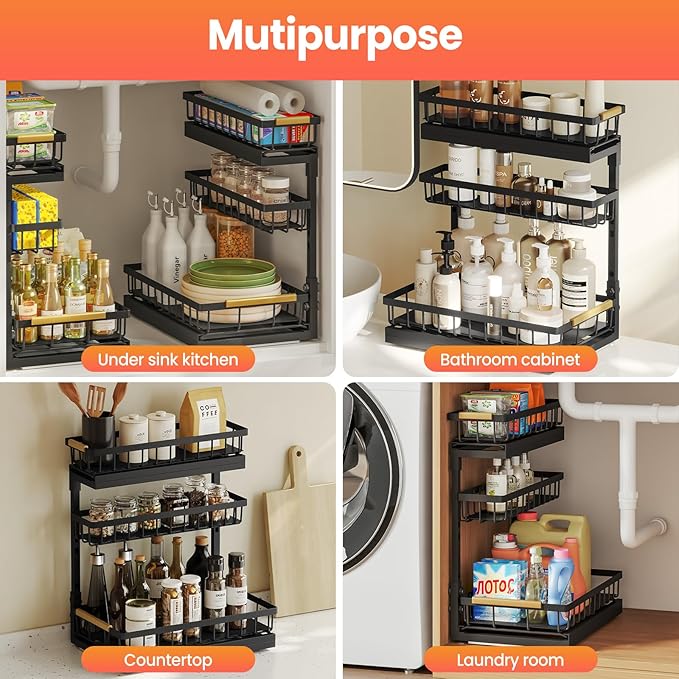 Under Sink Organizer and Storage for Bathroom and Kitchen - 1 Pack 3 Tier Under Cabinet Pull Out Shelf Organizers - Slide Out Drawer Organization for Home Cabinets Shelves and Drawers