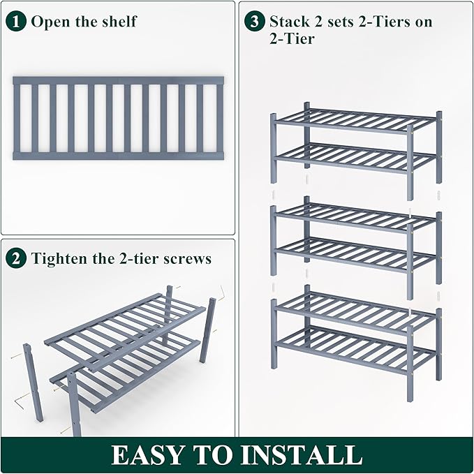 Smiry Bamboo Shoe Rack, 6 Tier Free Standing Wooden Shoe Organizer, Stackable Wood Shoe Storage Shelf for Closet, Entryway, 14 Vertical Slats, 2+2+2 Stack Heavy-Duty Legs, 26.8"x11"x39", Grey