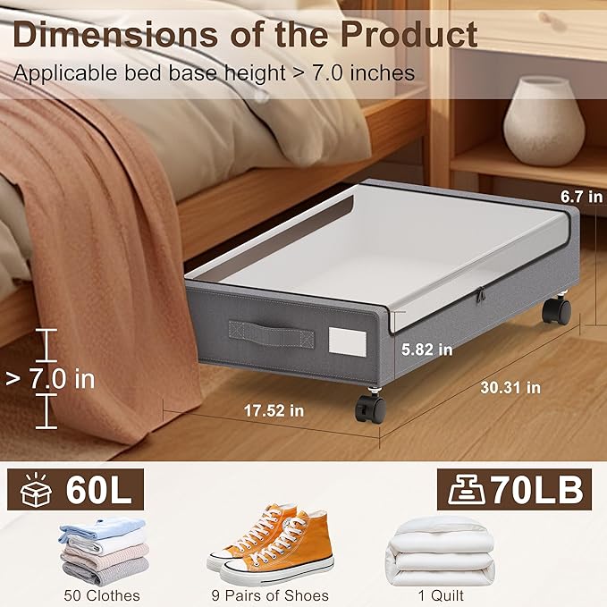 Under Bed Storage with Wheels, XL,Grey