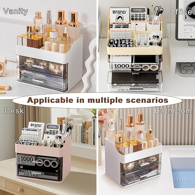 DASITON Makeup Organizer with 2 Drawers, Large Capacity Makeup Cosmetic Organizers for Vanity Dresser Bathroom Countertop, Vanity Organizer Makeup Storage Box for Skincare, Eyeshadow, Lotions (Cream)