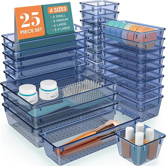25 PCS Plastic Drawer Organizer Set, Clear Dark Blue