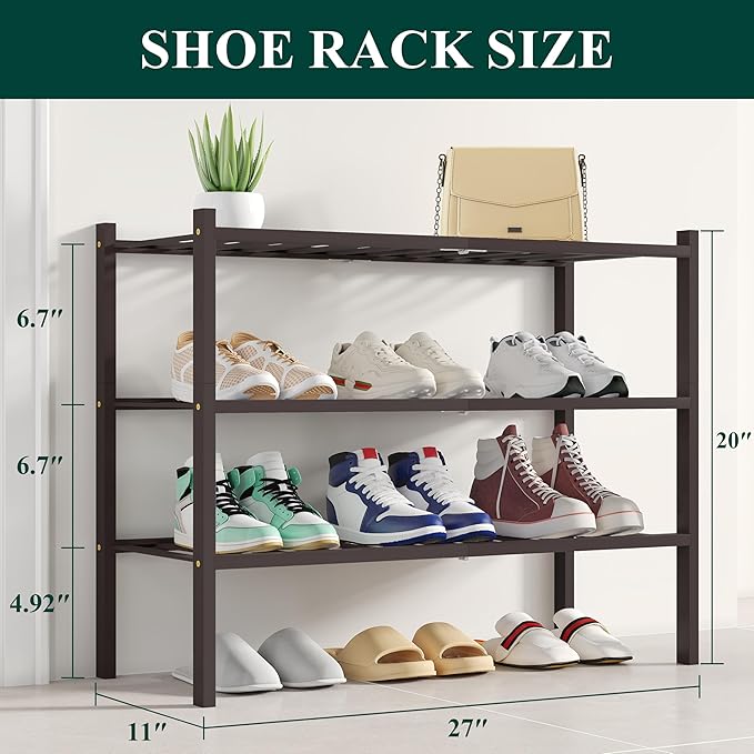 Smiry Bamboo Shoe Rack, 3 Tier Free Standing Wooden Shoe Organizer, Stackable Wood Shoe Storage Shelf for Closet, Entryway, 12 Vertical Slats, 2+1 Stack Standard Legs, 26.8"x11"x19.5", Brown