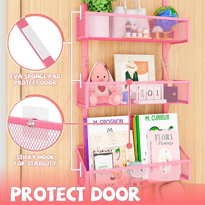 Kaiferty Over The Door Hooks Organizer, Coat Rack Over The Door Storage Hanger Towel Rack, Back of Door Storage Organizer for Bathroom,Bedroom,Kitchen,Office (Pink, 4-Tier)