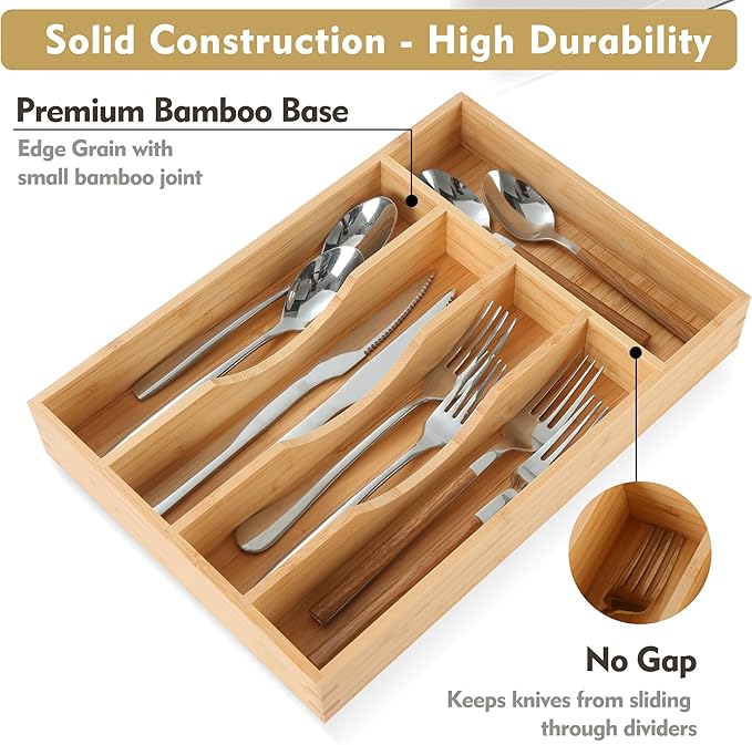 Upassion Bamboo Kitchen Drawer Organizer, 8.25 Inch Utensil Organizer Silverware Utensil Holder for Samll Drawer, Silverware Organizer for Cutlery Knives, Natural