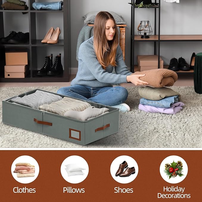6 Inch Under Bed Storage Containers, 2 Pack Large Underbed Storage Bins w/Clear Lid & Sturdy Sidewall, Foldable Closet Organizer for Dorms, Bedroom, Clothes, Shoes, Bed Sheets, Blankets (Grey)
