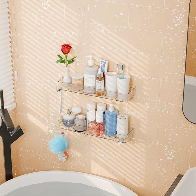 Yieach 2 Pack Clear in Shower Organizers,Adhesive Shower Caddy,No Rust Acrylic Shower Shelves & Storage Rack,Plastic Bathroom Shelves,Bathtub Storage Organizer,Shampoo,Conditioner Holder for Washroom