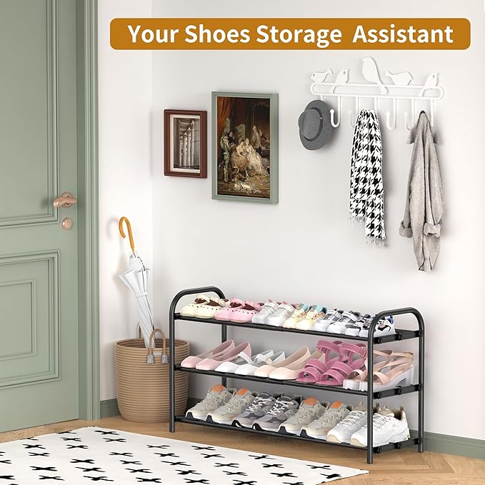 Hleelomi 3-Tier Expandable Shoe Rack,Adjustable Shoe Shelf Storage Organizer Heavy Duty Metal Free Standing Shoe Rack for Entryway, Closet,Living Room,Dorm,Black