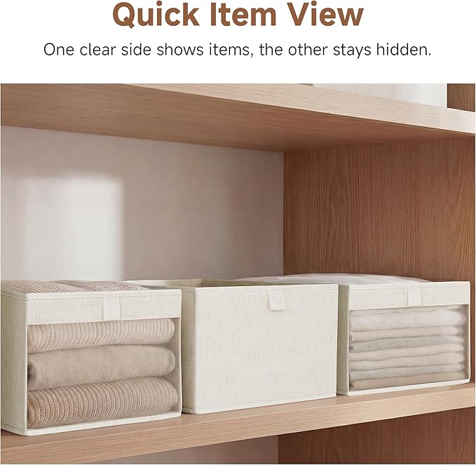 StorageWorks Closet Storage Bins with Clear Window, Large Fabric Organizer for Clothes, Collapsible Storage Baskets with PU Handles, Beige, Tianshan Cotton-Linen, 3-Pack