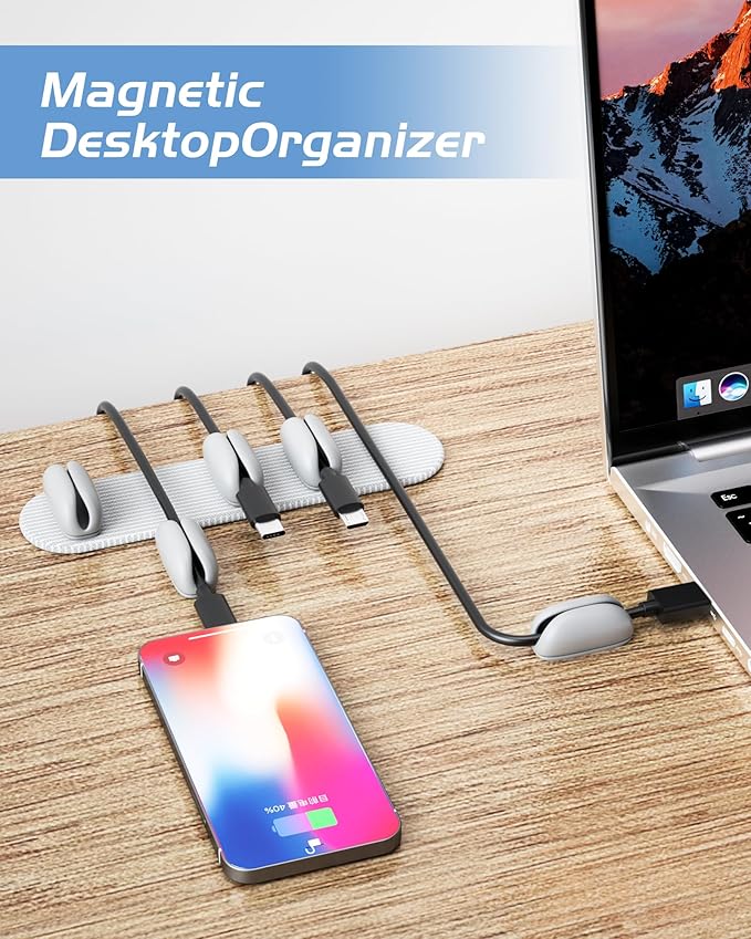 5-Pack Magnetic Cable Clips Cord Organizer, Smoothly Adjustable, Grey