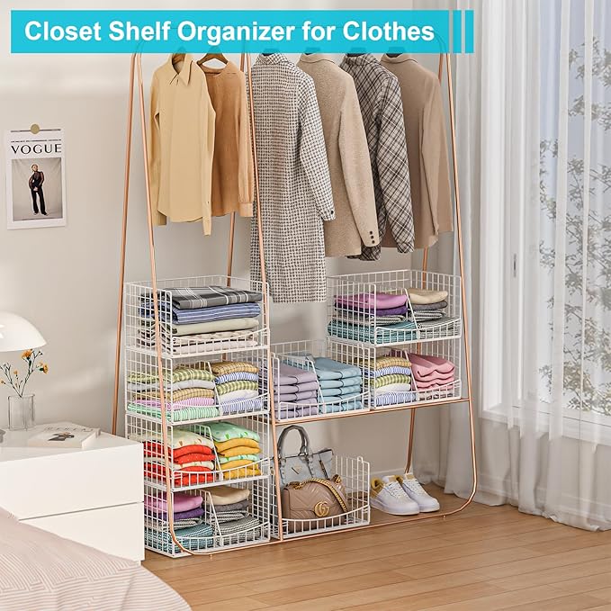 Hongtamoya 4-Tier Closet Organizers and Storage Basket with Divider, Foldable Closet Shelf Organizer System, Space-Saving Clothes Storage Drawer Organizer Bins for Wardrobe Cupboard, White