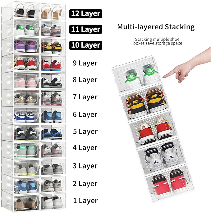 12 Pack Shoe Organizer Storage Bins, Clear Plastic Stackable Shoe Boxes for Closet, Space Saving Foldable Shoe Storage Bins, Sneaker Storage Shoe Box Container, White Frame