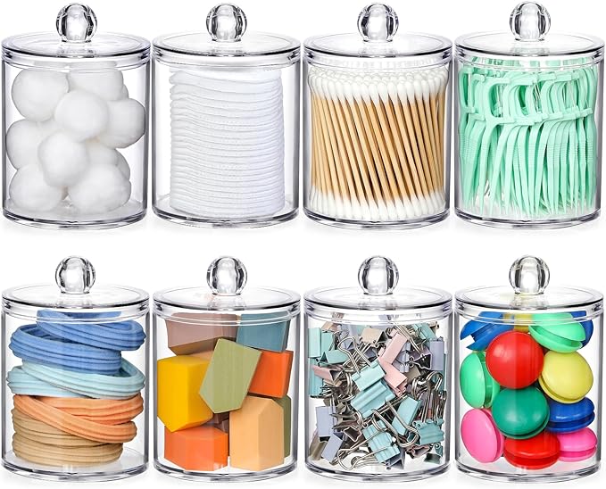 8 Pack Acrylic Qtip Holder Dispenser with Lids & Labels, Cotton Swab, Ball