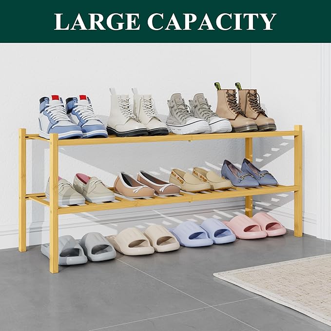 Smiry Bamboo Shoe Rack for Closet, 2 Tier Long Wooden Shoe Organizer, Stackable Wood Shoe Storage Shelf for Entryway, 14 Vertical Slats, One-piece Heavy-Duty Legs, 33.86"x11.02"x12.99", Natural