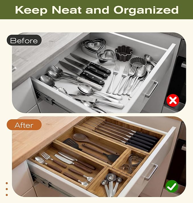 KOCWELL Bamboo Silverware Drawer Organizer with Knife Block, 5 Removable Drawer Organizer Bins - Multi-Use for Kitchen Utensils, Office, Makeup, Tools Storage
