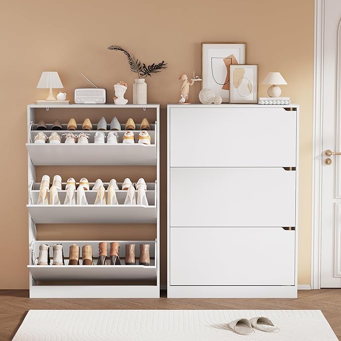Shoe Storage Cabinet, Wood Shoe Organizer for Entryway with 3 Flip Drawers, Freestanding Shoe Rack with Adjustable Shelf, Narrow Shoe Dresser for Front Door Entrance(White, 47.2" x 31.5" x 9.25")
