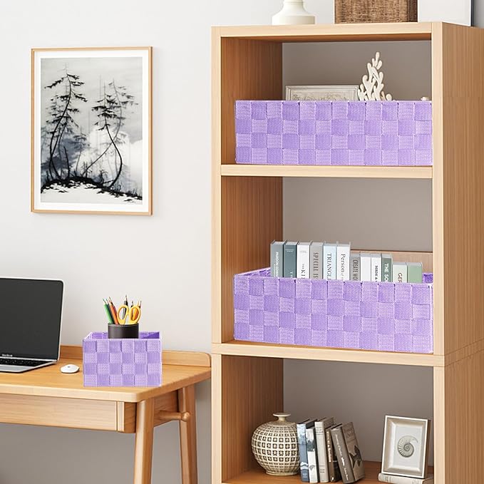 Drawer Organizer, Cube Baskets for Storage Shelves, Handmade Small Woven Basket, Shallow Storage Bins for Organizing Desk, Dresser, Kitchen, Pantry, Nested 7 Pack, Purple