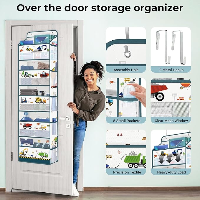 Clastyle Car Over the Door Organizer Nursery Hanging Storage Organizer for Boys Clothes Diaper Toy Closet Door Hanging Shelf Storage for Bedroom Bathroom Pantry, Construction Vehicle, 5-Tier
